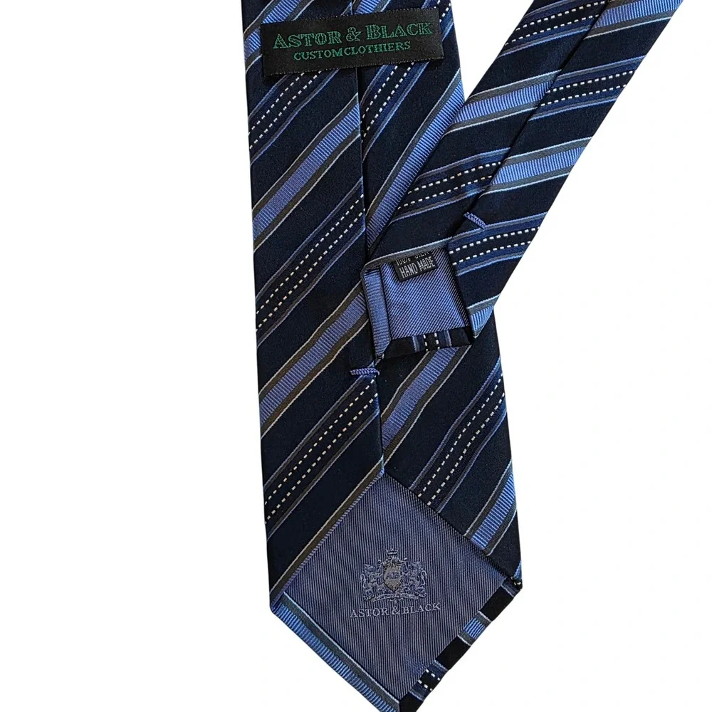 Astor & Black Custom Clothiers Mens Tie Striped Silk Necktie Hand Made‎ Blue